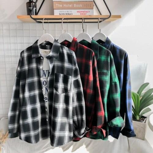 2021 Mens Loose Plaid Shirt Jacket Spring Autumn Long-sleeved Casual Student Jacket Korean Trend Black Oversized Shirt
