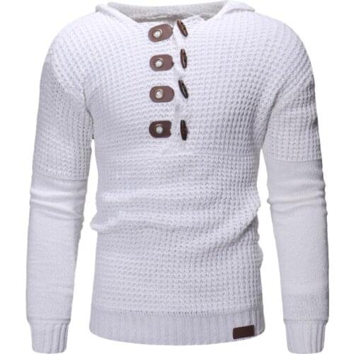 Mens Fashion Solid Color Casual Hooded Knit Sweater Teen Trendy Slim Sweater with Horn Buttons Harajuku Clothing Men Clothes