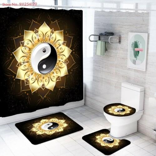 4 Piece Bath Curtain Set Bohemian Lotus Toilet Lid Cover Anti Slip Bath Carpet Bathroom Mat Yin and Yang Black Gold Bath Decor