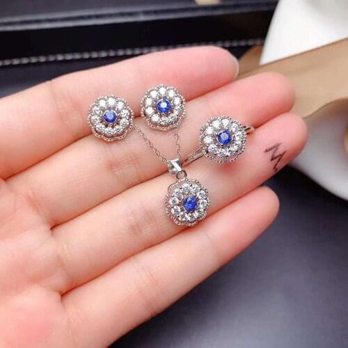 Natural Sapphire S925 Flower Pattern Ring Earring Pendant Necklace Set Fine Fashion Jewelry for Womens Wedding Free Shipping