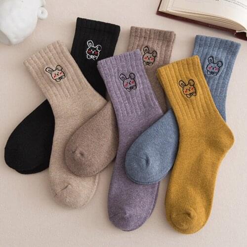 Cute Rabbit Printed Crew Socks Women Lolita Harajuku Thick Winter Warm Floor Plush Socks Japanese Fashion Cartoon Funny Sock