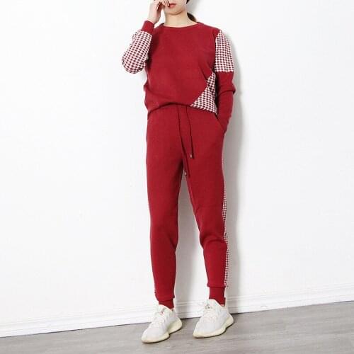 New Casual Houndstooth Knit 2 Piece Set Tracksuits Fall Winter Women Pullover Sweater+Carrot Harem Pants Sporting Suit Females
