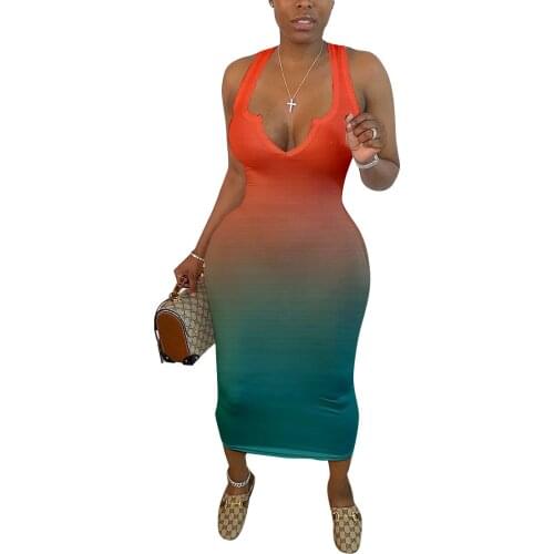Casual Changing Color Bodycon Maxi dress Women Sexy Deep V Neck Tank Vest Sleeveless Vestidos Beach style 2021 RV376