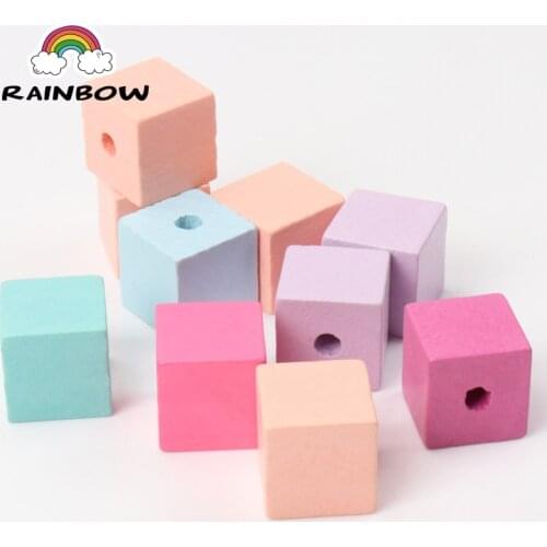 Mixed Colors Square Pattern Wooden Material Cube Unfinished Geometric Natural Spacer Beads For Jewelry making DIY 15mm 20mm