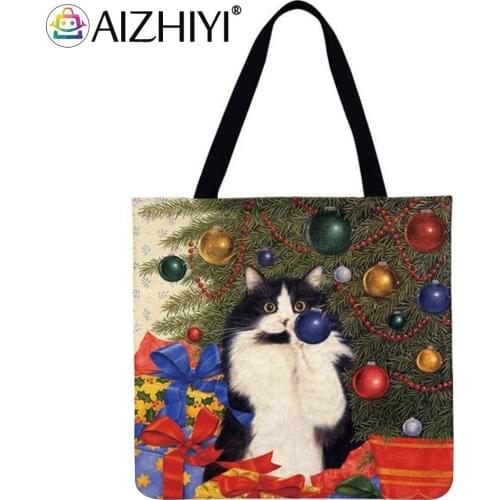 Christmas cat Printed Shoulder Shopping Bag Casual Ladies Large Capacity Tote Handbags