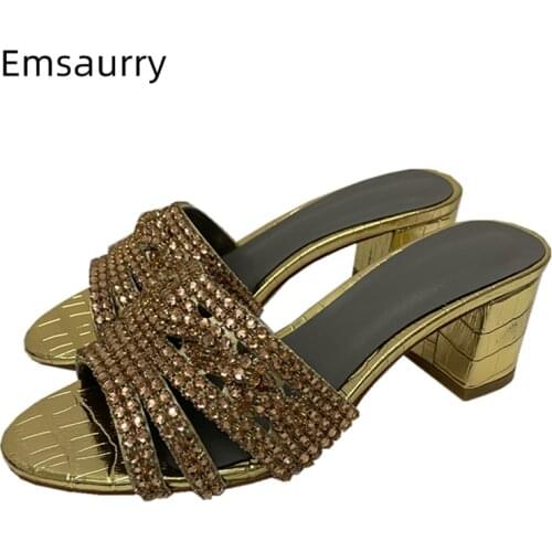 Diamond Rhinestone Runway Mules Lady Med Hoof Heel Sexy Open Toe Slip-on Lazyman Shoes Genuine Leather Summer Sandals Women