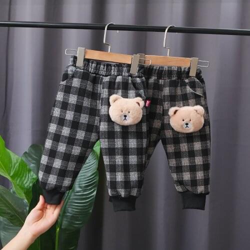 Winter Thicken Baby Girls Warm Pants lattice Children Casual Plus Velvet Leggings Bear Toddler Boys Pants Elasticity Cotton pan