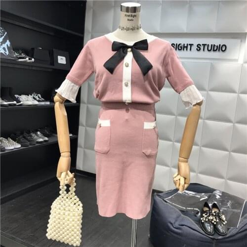 Amolapha Women Autumn Winter Bow Collar Single Breasted Half-sleeved Jumpers Tops+ Pencil Skirt Knitted 2PCS Clothing Sets