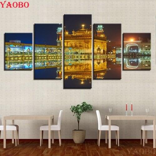 5d DIY Diamond Painting 5 Pcs Golden Temple Beautiful Night View Diamond Embroidery full square round drill,Rhinestone Pictures