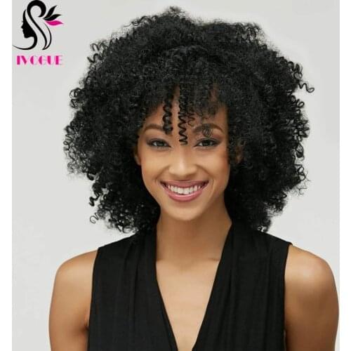 Afro Kinky Curly Human Hair Wigs Womens 180% Density Mongolian Remy Hair Scalp Top Wig Silk Base Wig with Bangs Natural Color