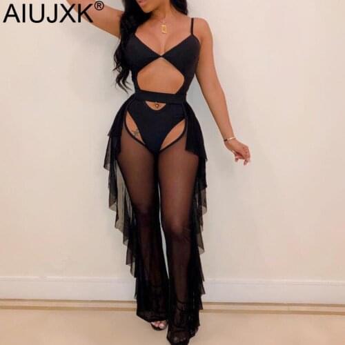 AIUJXK New Mesh Two Piece Set Bikinis Women Bodysuit And Pants Summer Bathing Suit Beach Wear Hollow Out Sexy 2 Pieces Swimsuit