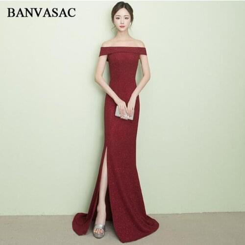 BANVASAC 2018 Sequined Boat Neck Split Mermaid Long Evening Dresses Party Short Sleeve Sweep Train Backless Prom Gowns