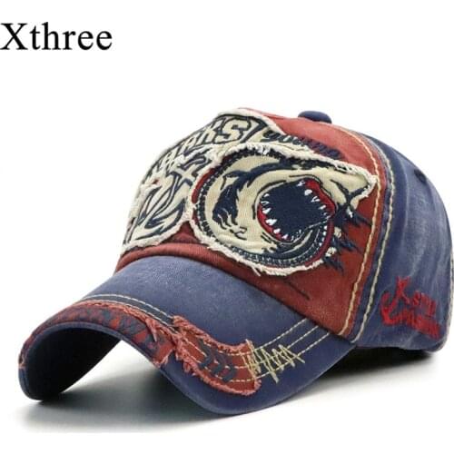 Xthree New Washed Baseball Cap Fitted Cap Snapback Hat For Men Bone Women Gorras Casual Casquette Embroidery Shark