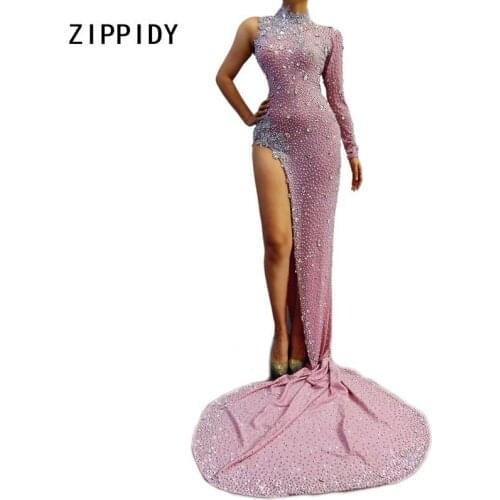 Sparkly Rhinestones Long Tail Pink Dress Birthday Celebrate One Sleeve Outfit Dress Bar Women Singer Dancer Evening Dress