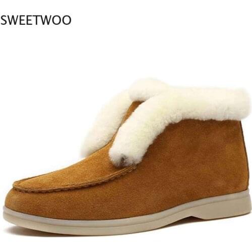Ankle Boots Cow-Suede-Leather Boots Natural-Fur Warm Winter Boots Slip-On Snow Boots for Women