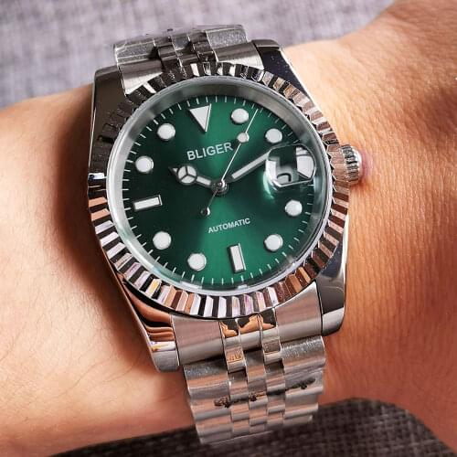 BLIGER Fluted 36mm/39mm Automatic Men Watch 24 Jewels NH35A Movement Jubilee Folding Clasp Sunburst Green Dial Date Magnifier