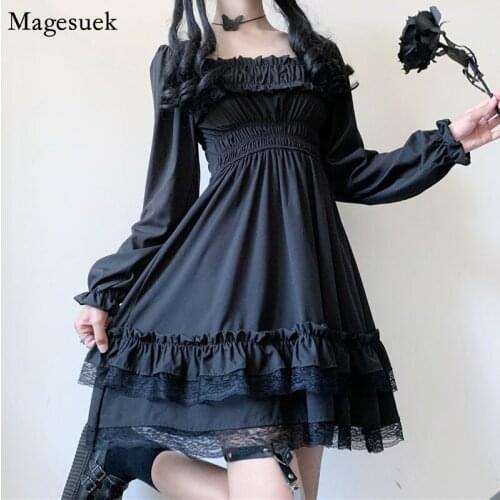 Black Lace Dress 2021 Fashion Slash Neck Elastic Waist Gothic Dress New Puff Sleeve Short Party Dresses Women Robe Femme 12991