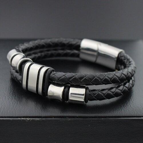 Double Braided Retro Genuine Leather Bracelet Stainless steel Bead Bracelets For Men with Magnet Clasp