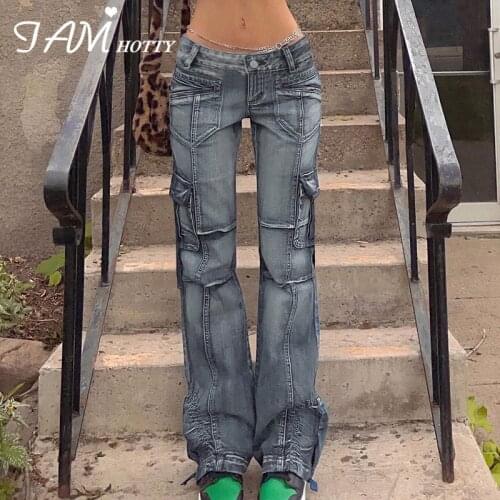 Side Pockets Patchwork Vintage Straight Cargo Jeans Women Mid Waist Baggy Denim Pants Streetwear Grunge Jeans Trousers Iamhotty