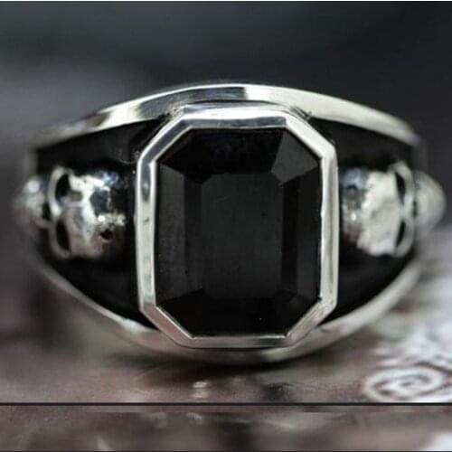 Personality Trendy Men Silver Color Black Gems Skull Rings Fashion Hip Hop Party Viking Jewelry Lover Gift Male Wedding Rings
