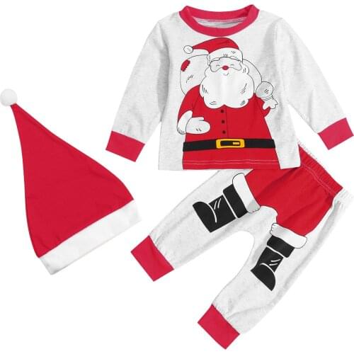3Pcs Toddlers Christmas Outfit Set Santa Claus Print Long Sleeve Sweatshirt + Casual Pants + Hat for Baby Girls, Boys, 0-3 Years