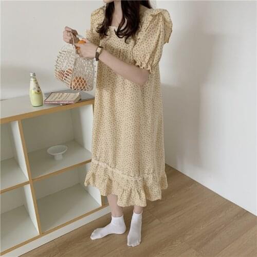Floral Print Summer Nightgown Women Korean Lace Patchwork Long Sleepwear Loose Cotton Sleepwear Home Clothes Kawaii Ruffles