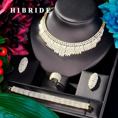 HIBRIDE Fashion Design Big Gold Color Wedding Bridal Cubic Zircon Necklace Dubai 4PCS Dress Jewelry Set For Party Gifts N-830