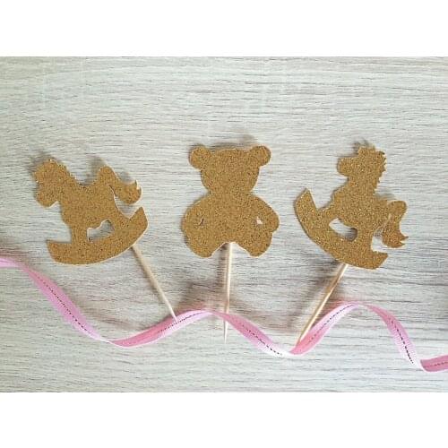 Set of 20 Gold teddy bear and rocking horse- Teddy bear topper- rocking horse topper- teddy Bear baby shower- rocking horse baby
