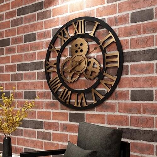 Retro Wall Clock Wooden Gear Decoration Wall Clock Personality Roman Industrial Style Living Room Clock Mute Creative Wall Clock