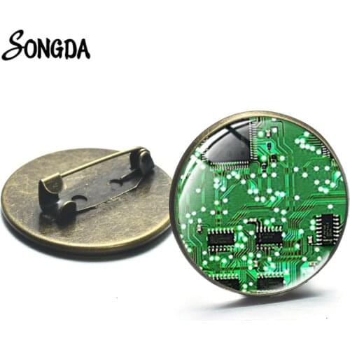 Novelty Computer Circuit Board Art Photo Brooches Steampunk Bronze Color Glass Cabochon Metal Brooch Pin Bag Badges Men Jewelry