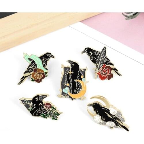 Solitude bird Lapel Pin Blackbirds and flowers Enamel Brooch Stars and moon clouds Feather Pins jackets fashion Gothic Badge