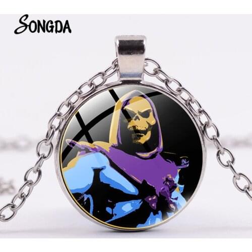 Purple Skeletor He-Man Necklace Retro Punk Metal Link Chain Masters of The Universe Pattern Glass Cabochon Pendant Long Necklace