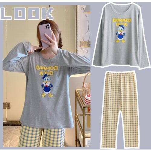 Long Sleeve Pajamas Womens Spring Autumn Plus Size Clothes Pijamas Mickey Mouse Cartoon Clothing Suit Home Sleepwear