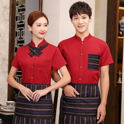 Hotel Workwear Summer Fast Food Shop Waitress Short Sleeve Overalls Shirt Restaurant Catering Waiter Breathable Uniform H2217