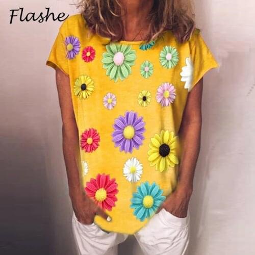 Plus Size Women Tops T-Shirt Casual V-neck Daisy Print Short Sleeve Shirt Lady Pullovers Top Elegant Women T-shirt Multicolor