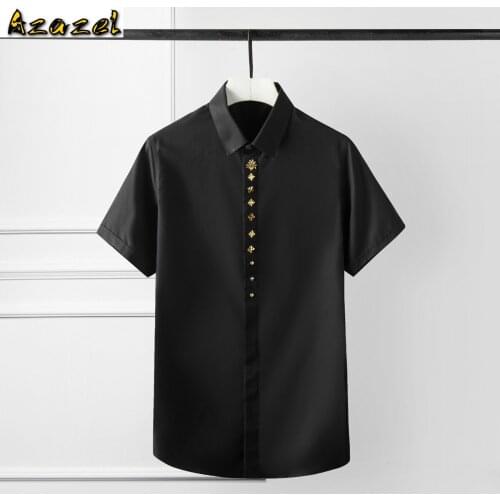Azazel Mens Shirts Luxury Metal Gold Rivet Short Sleeve Men Shirts Plus Size 3XL 4XL Camisa Masculina Solid Slim Fit Shirts Man