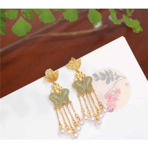 S925 Sterling Silver Gray Jade Butterfly Studs Craft Hetian Jade Pearl Stud Earrings Earrings Fashion Retro Ornament for Wome