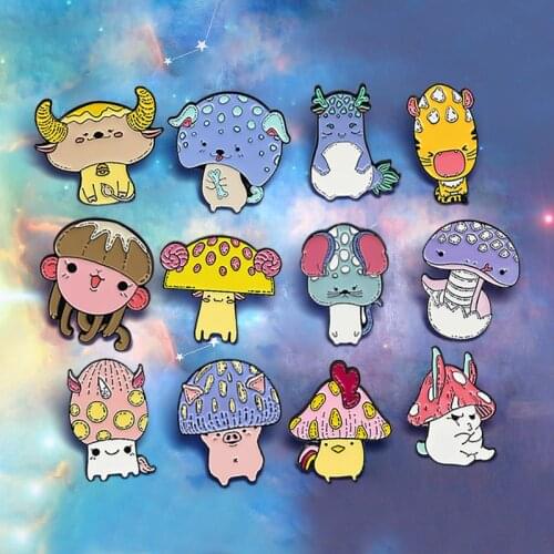 Cute Funny Mushroom Animals Brooches Rat Tiger Rabbit Dragon Sheep Monkey Dog Badges Lapel Jewelry Gift for Women kids Wholesale