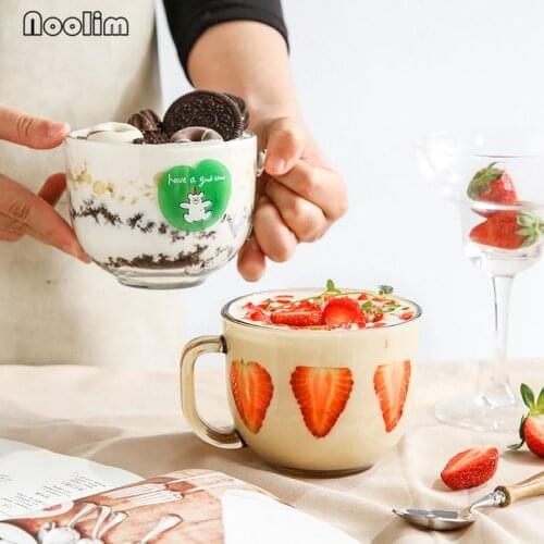 Glass Transparent Heat Resistant Coffee Mug Cute Cartoon Breakfast Milk Oatmeal with Handle Office Tea Cup Drinkware 480ML