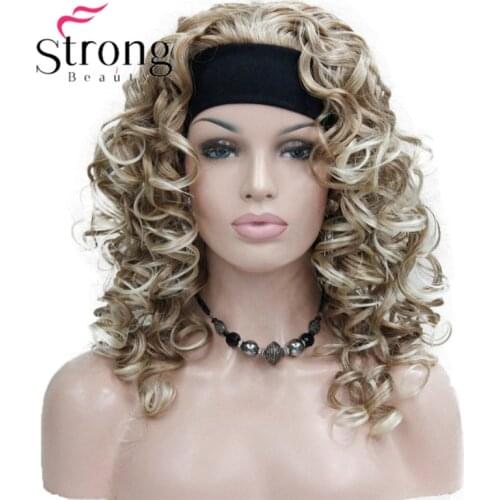 StrongBeauty Strawberry Blonde mix Blonde Tip 3/4 wig with Headband Synthetic Curly Long Womens wig