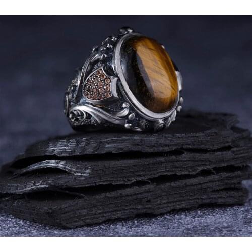 Tiger-Eye 925 Sterling Silver Arabic Hasbinallah Engraved Traditional Handmade Turkish Signet Ring Jewelry Gift for Women Men