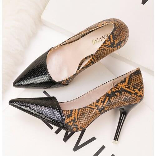 RUIDENG women sexy high heel pumps night club queen fashion shoes Snakeskin pattern slip on party shoes lady pointed toe