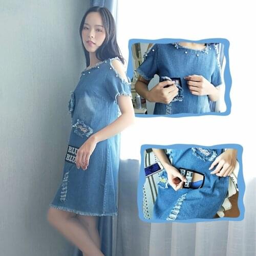 Outdoor Sex Denim Dress Open Crotch Blue Letter Sexy Women Wear Cowboy Invisible Zipper Tassels Pearl Hole Patch Crew Neck 0