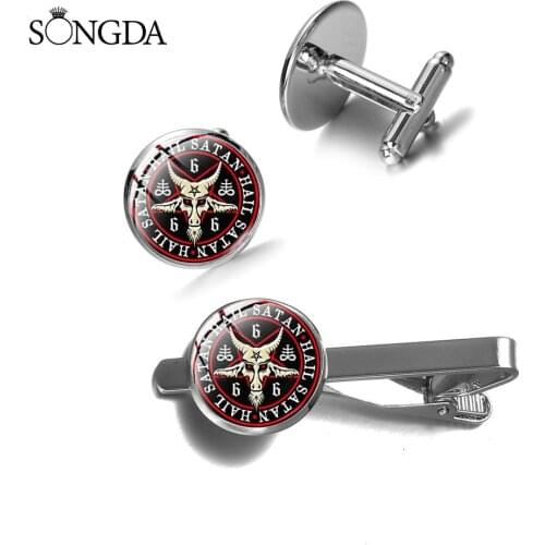 Vintage Satanism Red Goat Head Cufflinks And Tie Clip Art Baphomet Inverted Pentagram Statement Cuff Links Unisex Gothic Jewelry