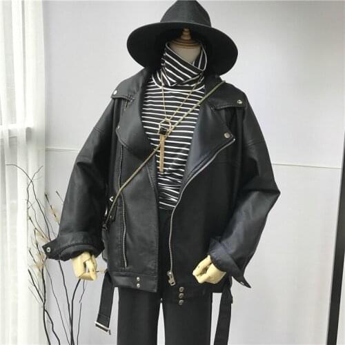 Women Jacket High Quality Spring Black PU Leather Loose Turn-down Collar Zipper Korean Fashion New Wild Female Coat A098