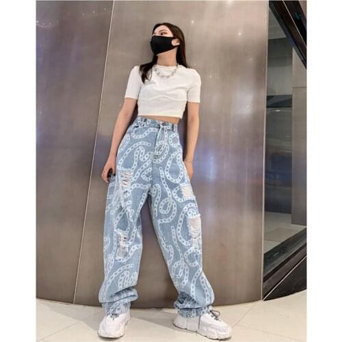 Women Print Summer Plus Size Hole Streetwear Jeans Female Hollow out High Waist Wide Leg Hip Hop Vintage Straight Mopping Pants