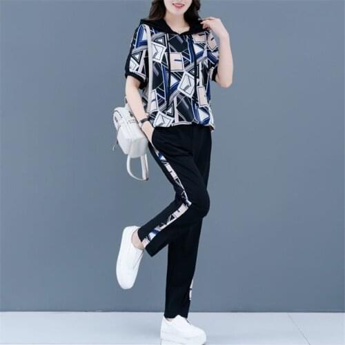 Fashion Print Hooded Tracksuit Women Plus Size 4XL Casual Short Sleeve Hoodies + Sweatpants Suit Two Piece Set Street Sportswear