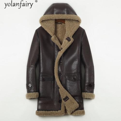 Winter Genuine Leather Jacket Men Real Fur Coat Natural Sheep Shearling Jacket Men Clothing Hooded Sheepskin Leather Coat 730