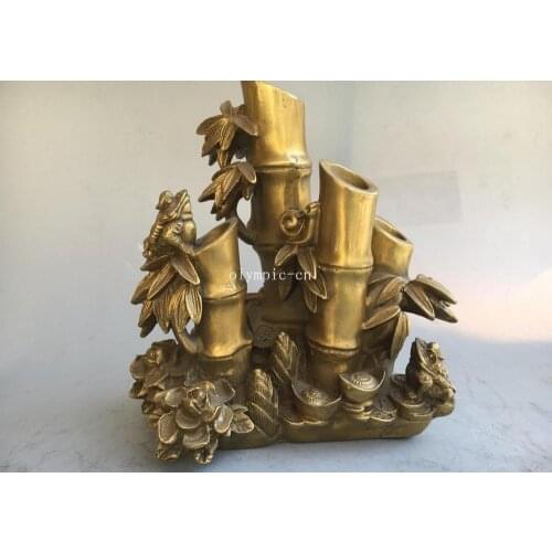 8'' brass office fengshui decor carved flower bamboo wealth toad brush pot