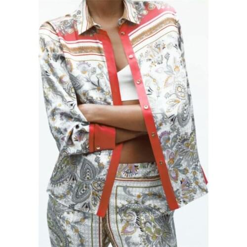 TRAF Women 2021 Fashion Temperament Wild Thin Section Loose Printed Blouses Vintage Lapel Long-sleeved Female Shirts Streetwear